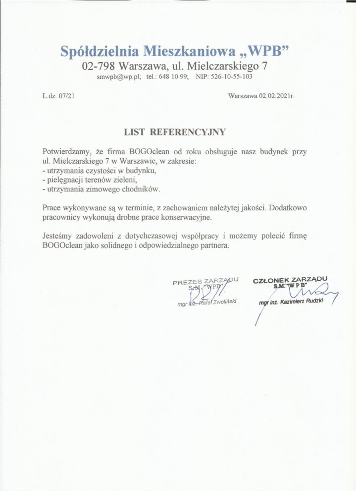List referencyjny Spółdzielni Mieszkaniowej WPB (ul. Mielczarskiego 7, Warszawa) dla BOGOclean – utrzymanie czystości budynku, zieleni i chodników zimą, luty 2021