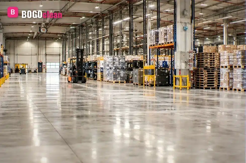 Czysta posadzka magazynu logistycznego z wózkiem widłowym po maszynowym myciu – BOGOclean