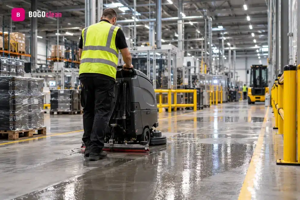 Maszynowe mycie posadzki hali produkcyjnej w trakcie pracy zakładu – BOGOclean