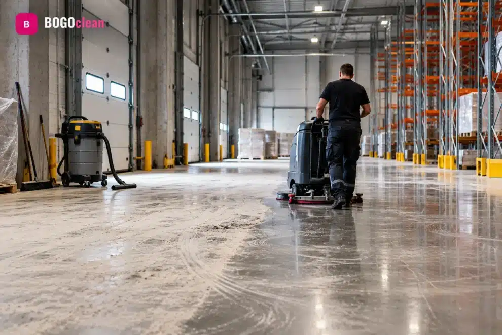 Pracownik BOGOclean myje maszyną posadzkę hali magazynowej – widoczna różnica przed i po
