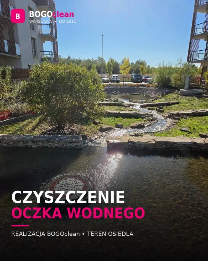 Czyszczenie oczka wodnego z kaskadą na terenie osiedla w Warszawie – realizacja BOGOclean