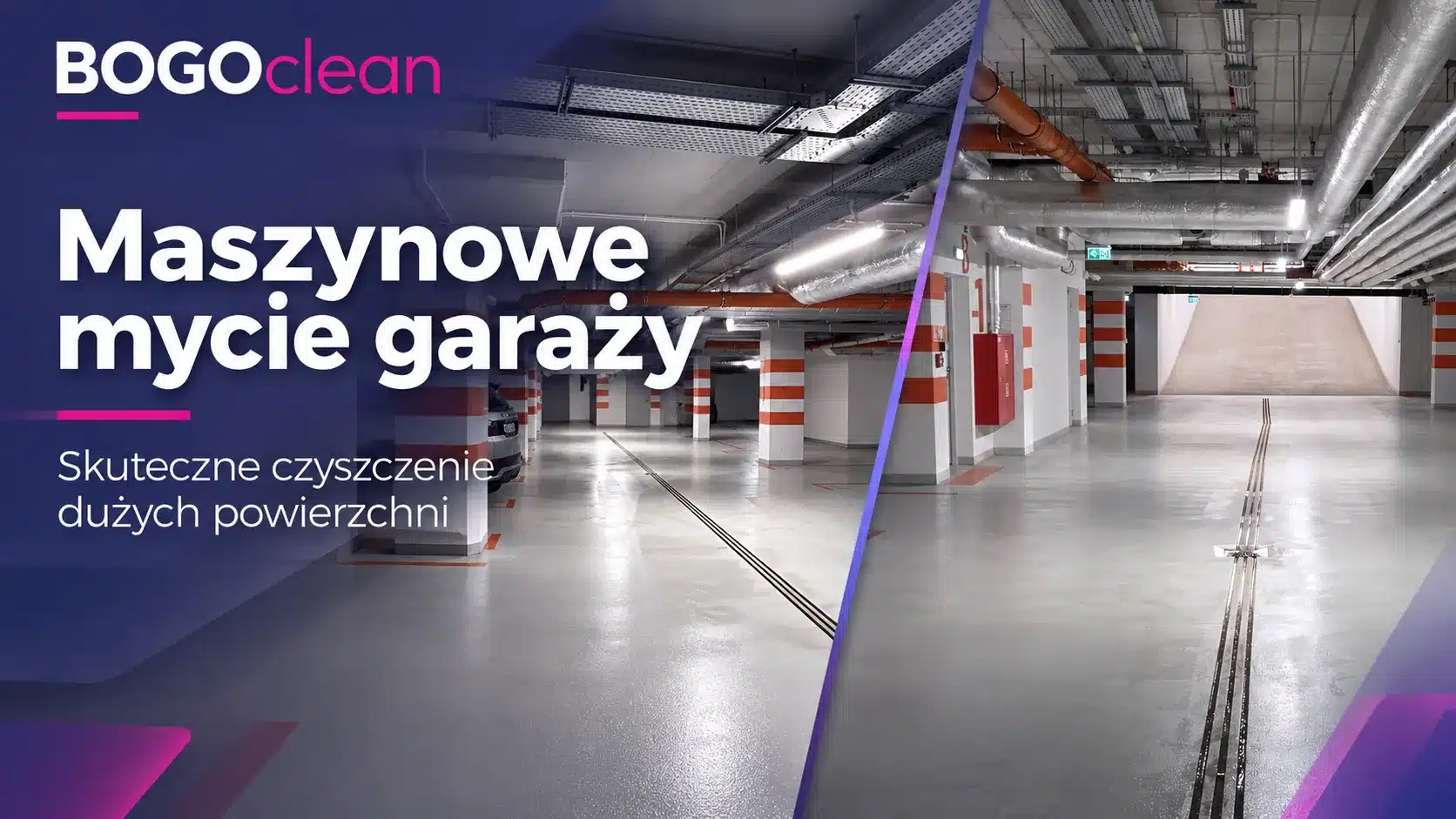 Garaż podziemny po maszynowym myciu posadzki – czysta nawierzchnia i odwodnienie liniowe, realizacja BOGOclean w Warszawie