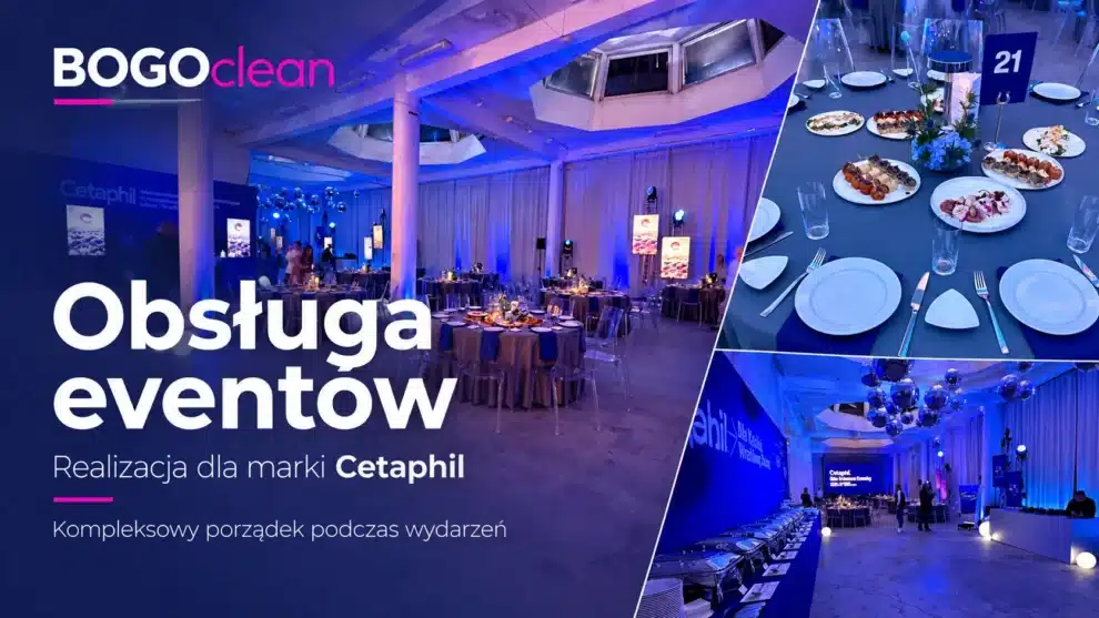 Sala bankietowa z okrągłymi stołami, nakryciami i bufetem podczas eventu marki Cetaphil – obsługa porządkowa BOGOclean