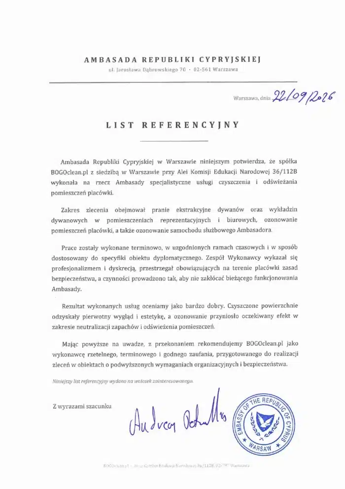 List referencyjny Ambasady Republiki Cypryjskiej w Warszawie dla BOGOclean – pranie wykładzin i ozonowanie
