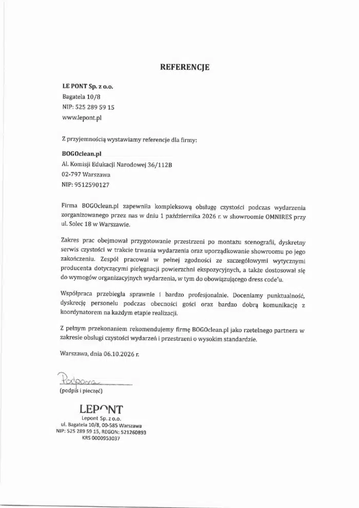 Referencje Le Pont Sp. z o.o. dla BOGOclean – obsługa czystości eventu w showroomie OMNIRES przy ul. Solec 18 w Warszawie, październik 2026