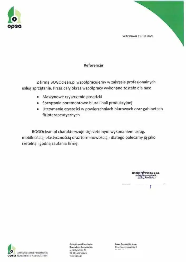 Referencje Orthotic and Prosthetic Specialists Association (Green Pepper Sp. z o.o.) dla BOGOclean – maszynowe czyszczenie posadzek, sprzątanie poremontowe biura i hali produkcyjnej, utrzymanie czystości biur i gabinetów, Warszawa, październik 2021