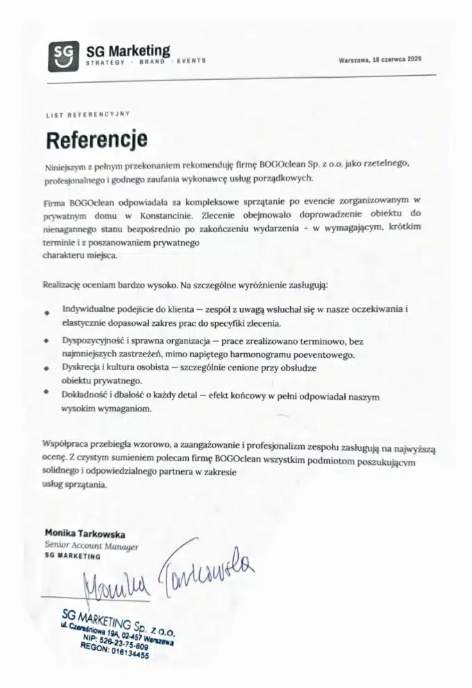 List referencyjny SG Marketing dla BOGOclean – sprzątanie po evencie w domu prywatnym w Konstancinie