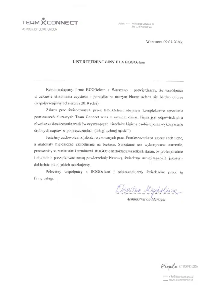 List referencyjny Team Connect Sp. z o.o. dla BOGOclean – kompleksowe sprzątanie biura z myciem okien, Warszawa, marzec 2020