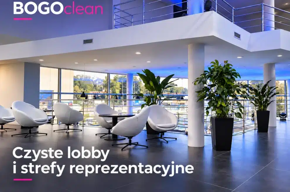 Lobby biurowca z fotelami i roślinami – grafika: czyste lobby i strefy reprezentacyjne