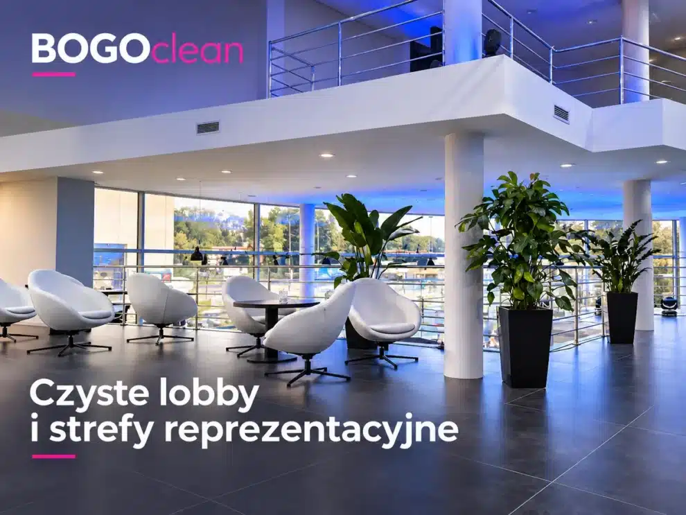 Office building lobby with armchairs and plants – graphic: clean lobby and reception areas