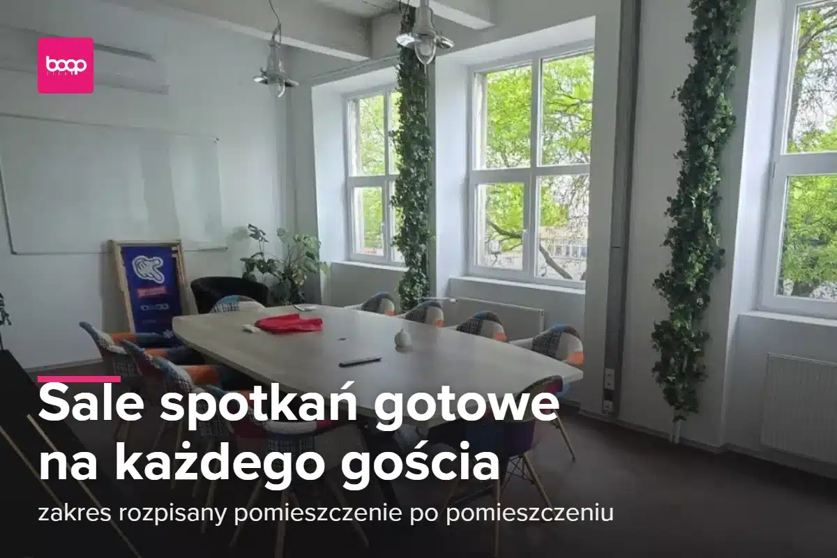 Sala spotkań w biurze klienta po sprzątaniu – stół, krzesła i okna, BOGOclean
