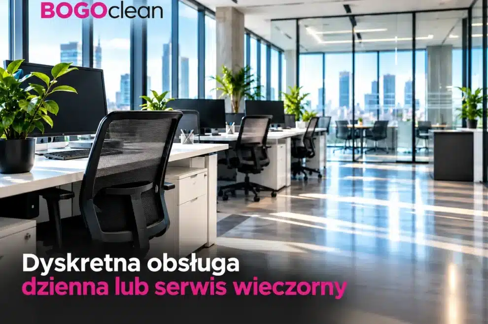 Open space biura z widokiem na Warszawę – grafika: obsługa dzienna lub serwis wieczorny