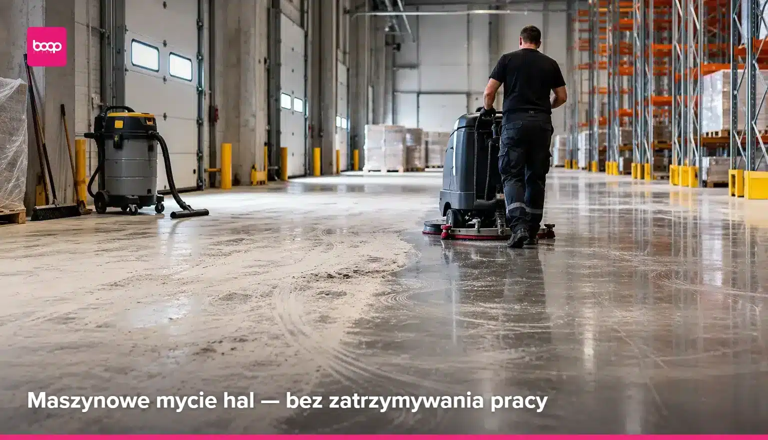 Mycie posadzki w hali magazynowej szorowarką prowadzoną – sprzątanie hal BOGOclean (zdjęcie poglądowe)