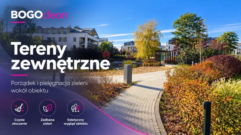 Zadbany teren zewnętrzny osiedla jesienią – czysta alejka z kostki brukowej, przycięte krzewy i pielęgnowana zieleń, realizacja BOGOclean